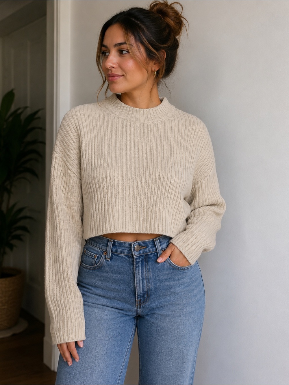 H&M Beige Ribbed Knit Cropped Sweater Size S NWOT